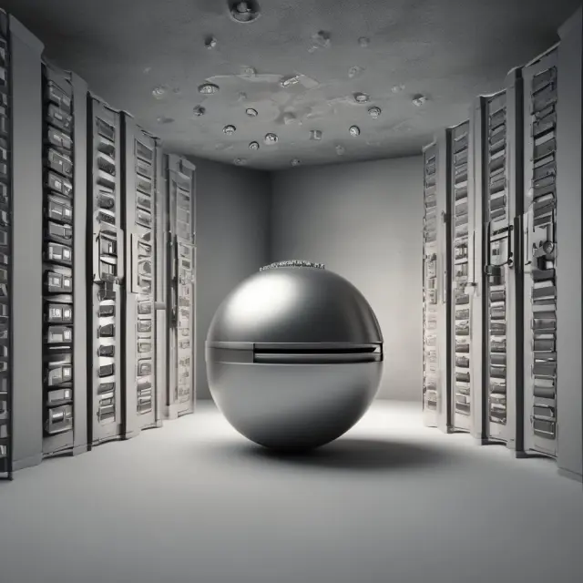 A safe with UL-certified locks and a suspended digital sphere representing backups protect valuable documents