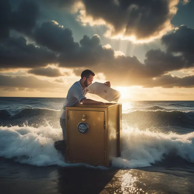 A business owner opens a safe filled with golden-hued papers representing valuable documents, releasing them as rays of hope amidst turbulent seas symbolizing potential losses