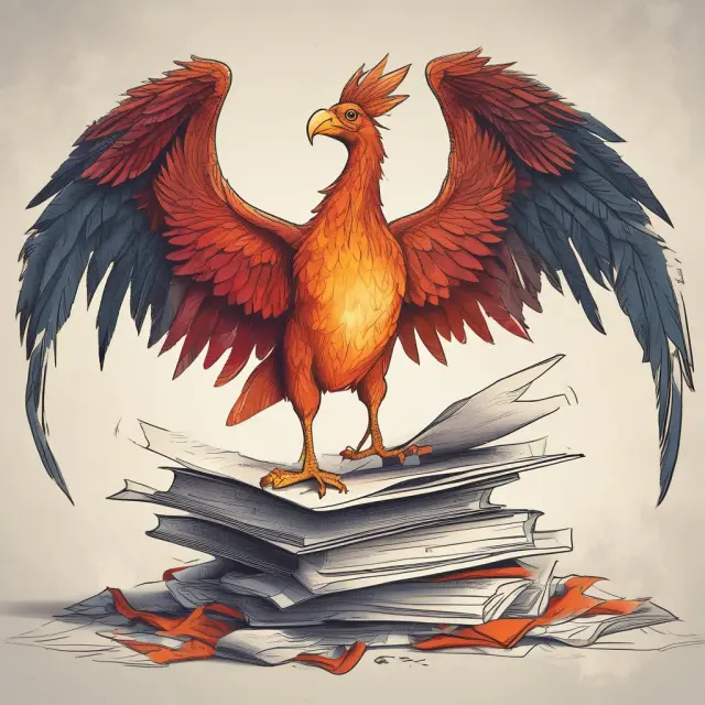 A phoenix rising from a stack of valuable documents with multiple insurers trying to secure its ashes, illustrating the process of choosing a reliable insurer for paper coverage.