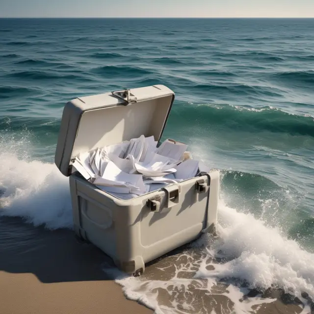 A safe containing essential documents floating on a tranquil sea, emphasizing insurance coverage for valuable papers
