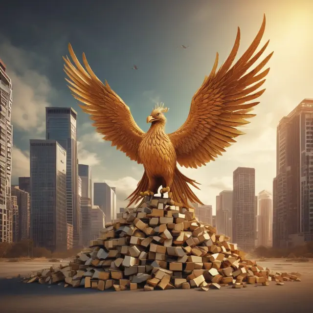 A Phoenix painstakingly constructs a new nest from golden building blocks, illustrating the concept of Replacement Cost Valuation in insurance