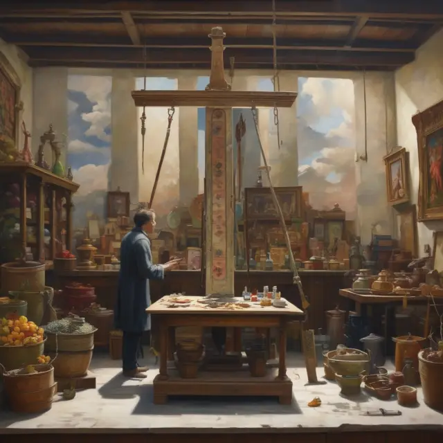 A market scale with delicate balance adjusts as an artist creates a painting, symbolizing the dynamic nature of market value clauses for fine art insurance