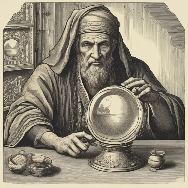 Fortune teller interprets future annuity cash flows in a crystal ball filled with gold coins, representing its present value