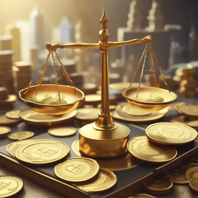 A golden scale balances intangible and tangible corporate assets, liabilities, future revenues, and growth potential.
