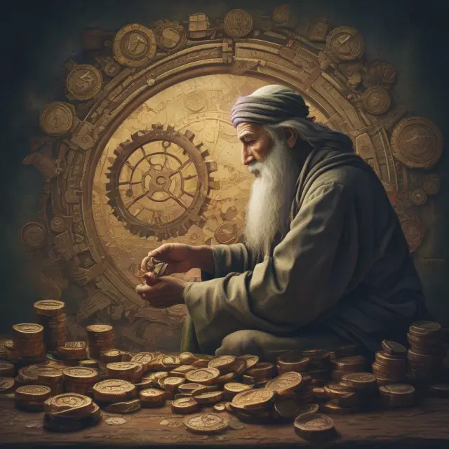Wise sage considering annuity and corporate valuation with ancient coins and intricate gears