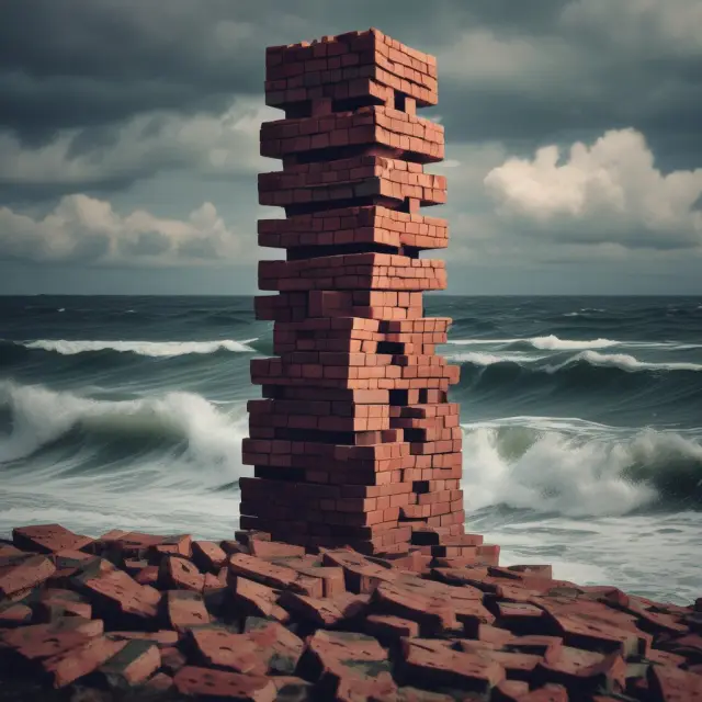 Stable tower of bricks representing insurance policy reserves, safeguarding financial security during turbulent claims