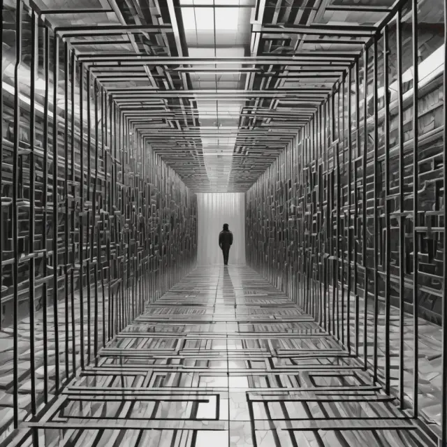 An intricate maze made of mirrors symbolizes various investment risks. Insurance premiums, like a beacon, guide consumers through the complex landscape to make informed decisions