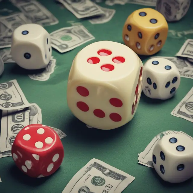 Dice representing insurance risks rolled on a financial table, symbolizing the impact of valuation premiums