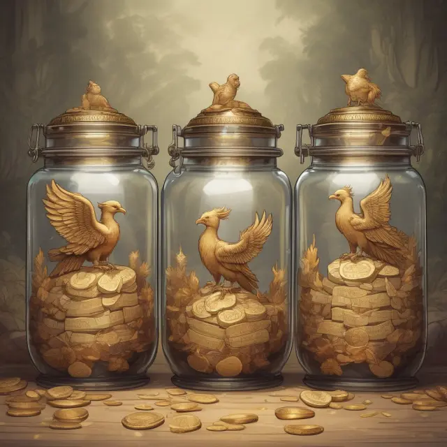 Two mythical creatures, a phoenix and griffin, protect jars filled with gold coins labeled 