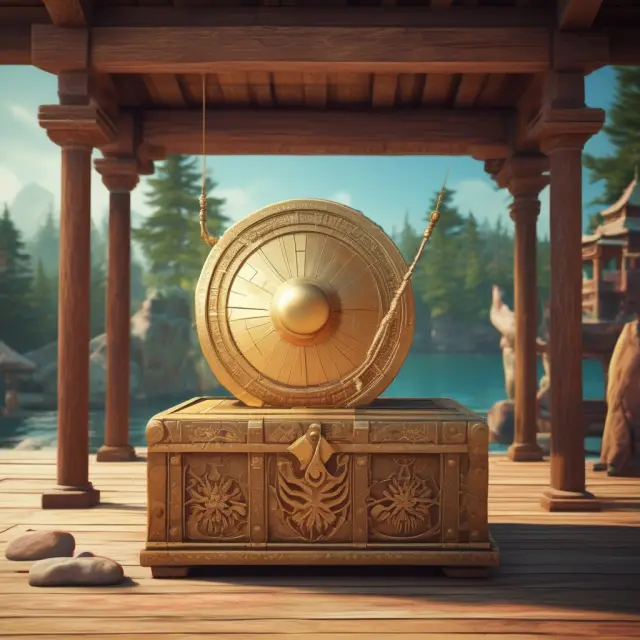 An image of an intricately designed gong shielding a large, ornate treasure chest filled with golden coins and paper money, symbolizing the protection that valuation reserves provide to policyholders.