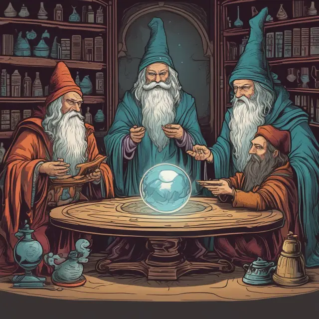 Three wizards using crystal balls to represent valuation methods: comparables analysis, discounted cash flow (DCF), and precedent transactions.