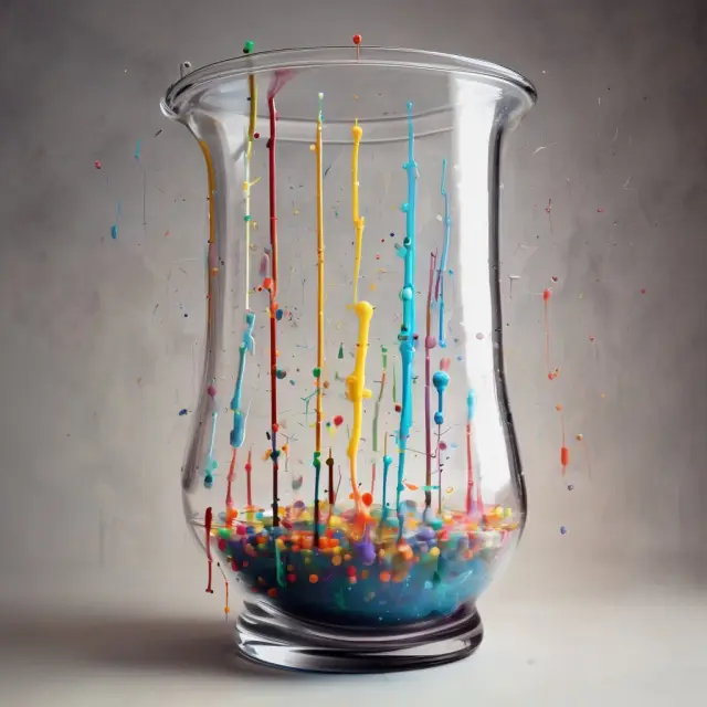 A scientific beaker filled with data points merges into an artist