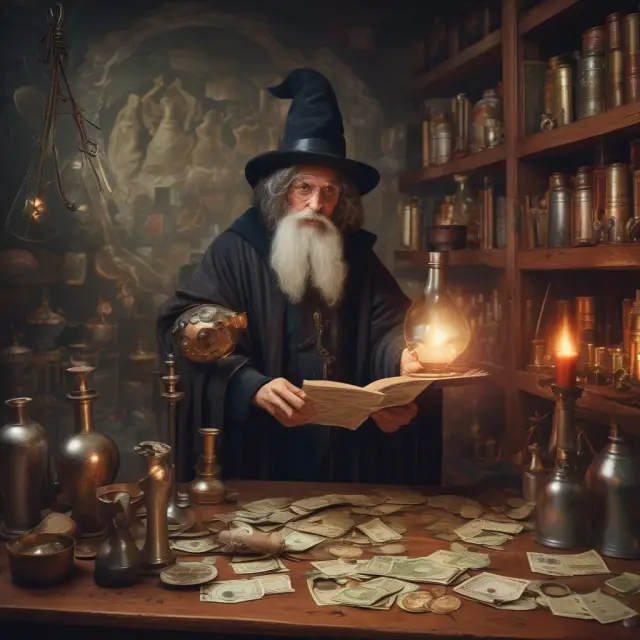 An alchemist transmuting gold coins representing future cash flows, using a mortar and pestle with financial charts and equations.