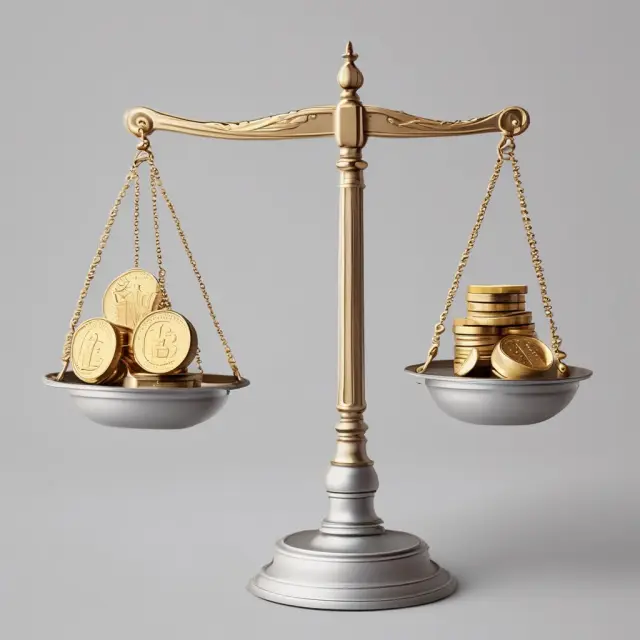 Golden balance scale holding coins for Discounted Cash Flow (DCF) and Price Multiples methods, emphasizing their contrasting yet essential roles in investment valuation analysis