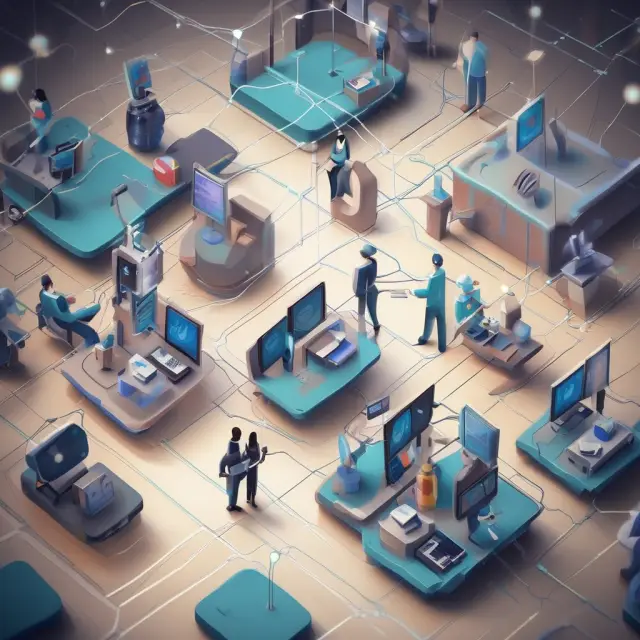 A woven network symbolizing value-added networks (VANs) connecting various industries, including healthcare, retail, and manufacturing.