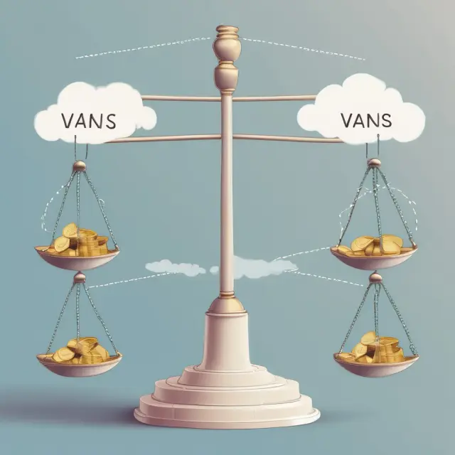 Visualizing costs of Cloud Solutions and Value-Added Networks (VANs) through a balance scale with coins symbolizing expenses.