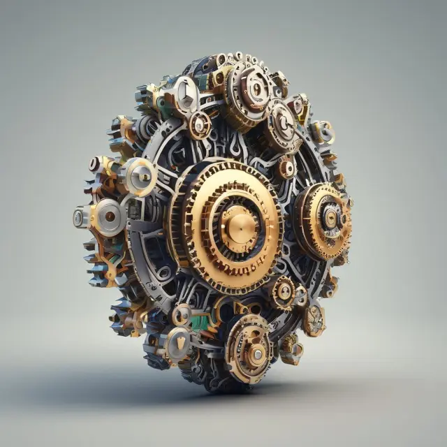A metaphorical image of an intricately connected network of gears securely exchanging encrypted data.