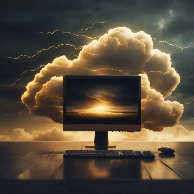 A golden computer screen shrouded by dark clouds signifying the challenges in cost control and transparency in VAR reselling.