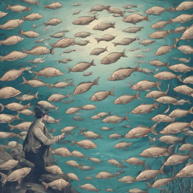 A group of investors examining value changes in a dynamic stock market environment, illustrated by a school of fish adapting to underwater currents