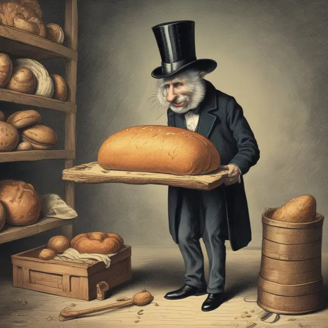 Sneaky magician shrinks a loaf of bread, representing the hidden effect of value deflation on inflation statistics