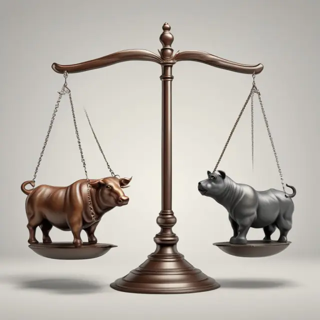 An ethical dilemma: Bull (business) and Bear (consumer) weighing the pros and cons of value deflation in a balance scale