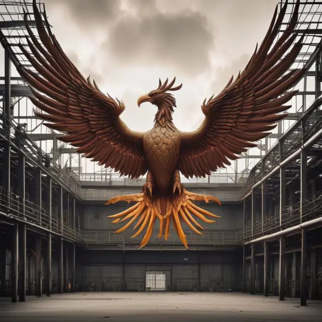 Image of a mythical Phoenix rising from a General Electric (GE) factory during World War II, representing the birth and evolution of Value Engineering