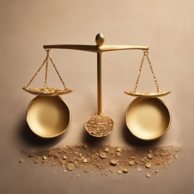 Golden scales balanced with functional benefits (coins) and cost (sand). Value engineering maximizes function while minimizing cost.
