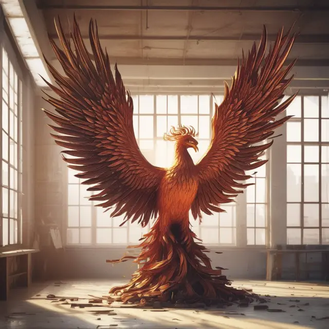 A mythical phoenix emerging from a workshop, representing the implementation of value engineering in an organization