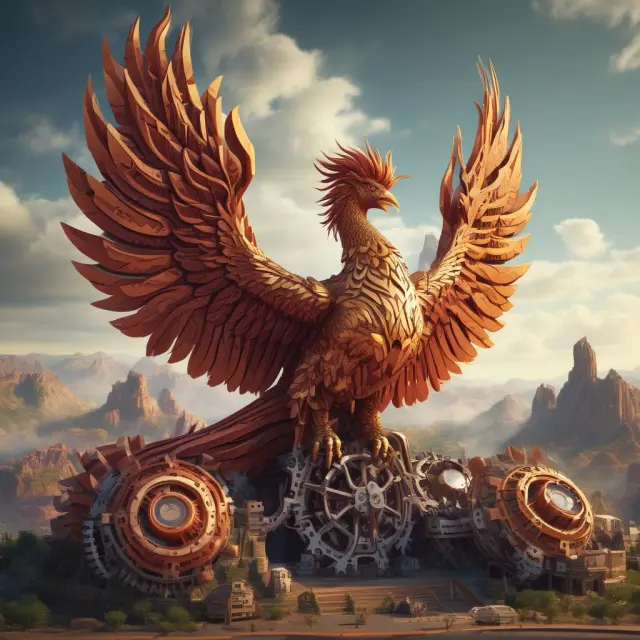 A mythical Phoenix arises from a melting pot of gears, representing the fusion of automation, digitalization, and sustainability in Value Engineering.