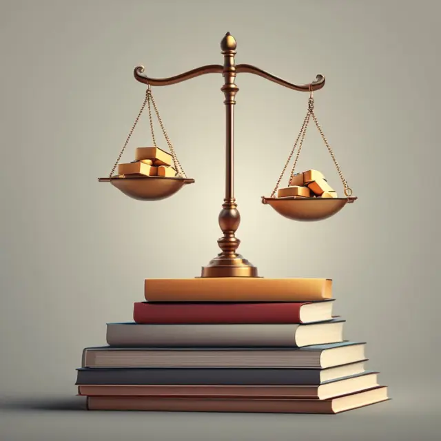 Golden scale representing market value balanced against solid bricks representing book value, illustrating contrasting views on a company