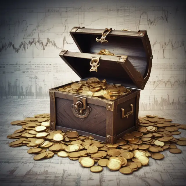 Golden coins symbolizing value stocks in a treasure chest amidst financial charts and graphs