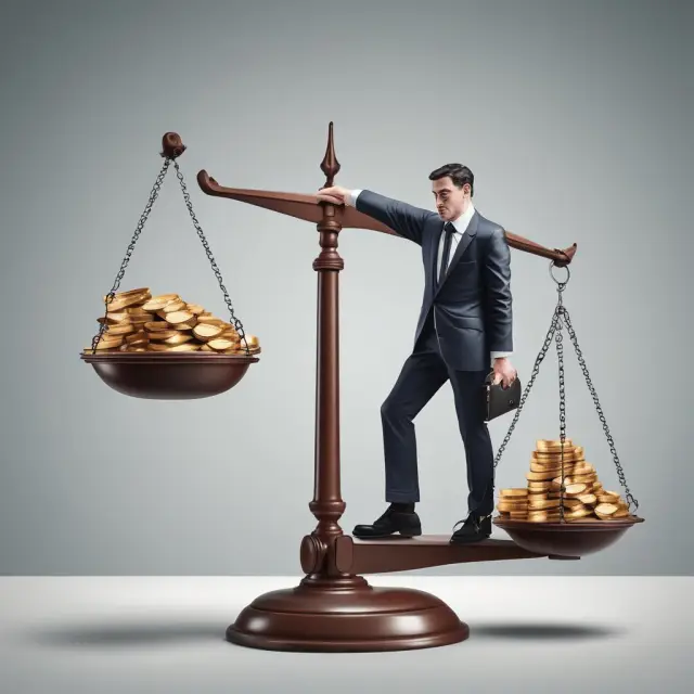 An investor balancing a scale, adding coins representing stocks during market fluctuations.