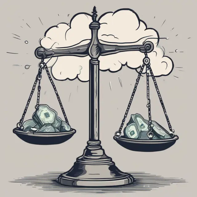 Balance scale with shares on one side and a raincloud pouring quarters for value averaging