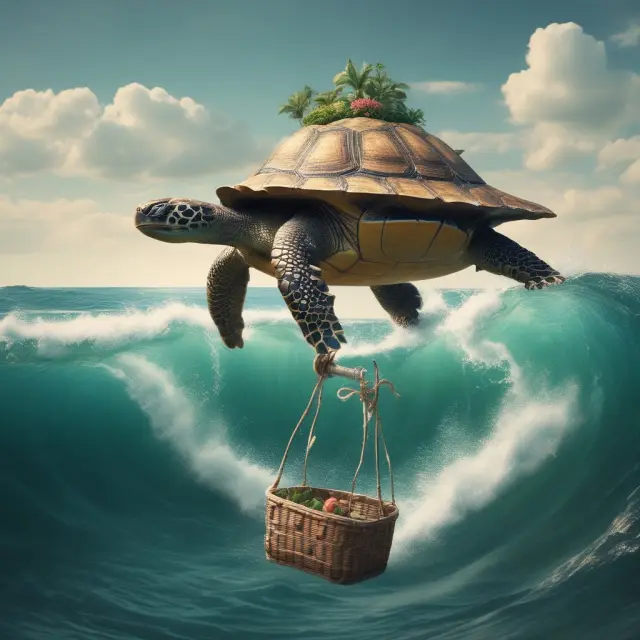 A giant sea turtle carries a basket of stocks while balanced atop a towering ocean wave, symbolizing the challenges faced by institutional investors in implementing value averaging strategies.
