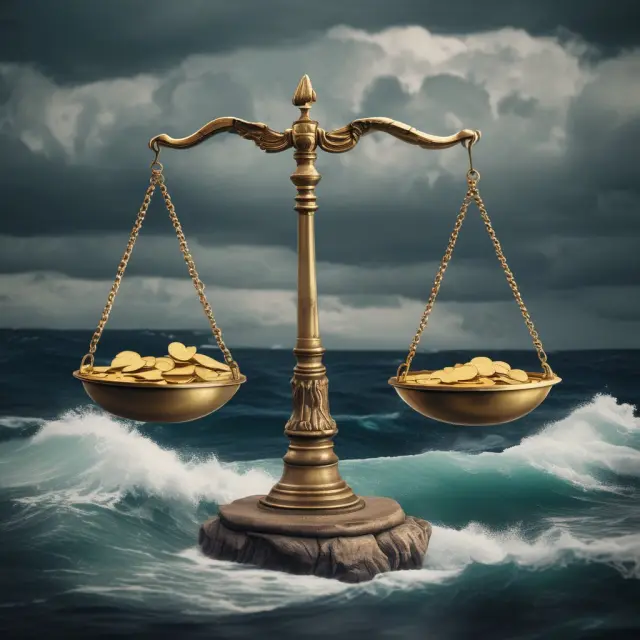 Gold coins symbolizing investments balanced against a stormy sea representing market volatility. Effective risk management tools help investors maintain balance during value averaging.