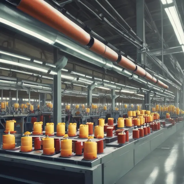 A factory producing value-added goods, with brand logos visible on the product assembly line