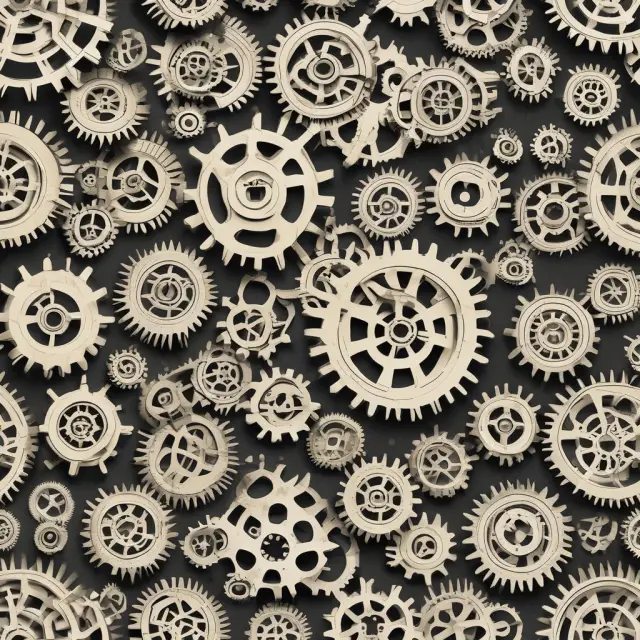 A sequence of interconnected gears symbolizing the taxation of value added at each stage of production for VAT