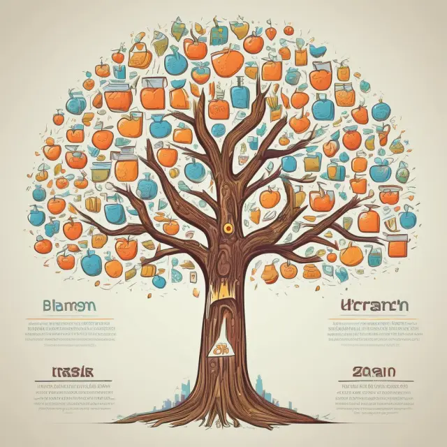A lush tree with Amazon Prime logo blooming, surrounded by apples symbolizing customer satisfaction, oranges for innovation, pears for convenience, and grapes for personalized experiences
