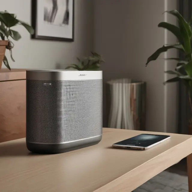 Bose speaker morphing into a serene scene of people enjoying immersive sound experiences, symbolizing the company