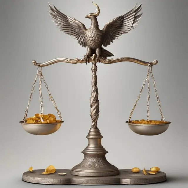 A balance scale with gold coins symbolizing government revenue and silver coins representing essential goods, while a phoenix rises in the background, signifying economic growth.