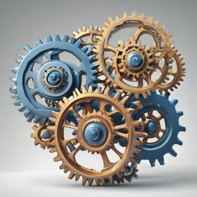 Two sets of gears turning in harmony: one symbolizing technological innovation, the other representing primary activities, illustrating their interconnectedness and improvement.