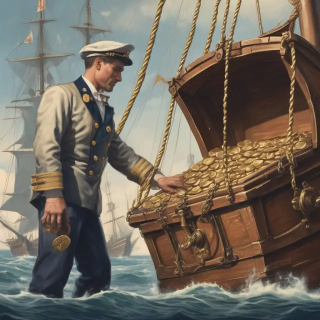 A sailor collecting gold coins from a treasure chest and distributing them on the sails of a sailboat, symbolizing the benefits of valued marine policies