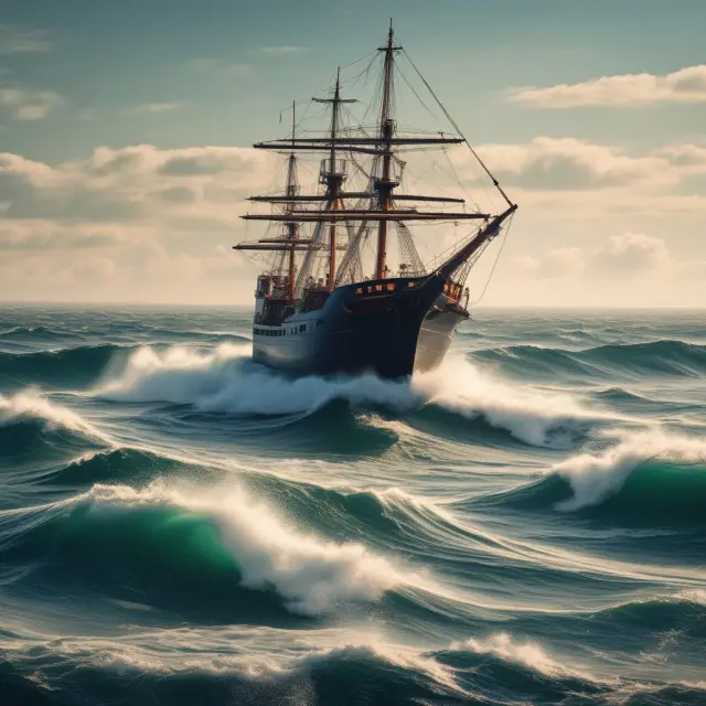 A ship navigating the dynamic waters of marine insurance, influenced by market rates, inflation, cargo value, location, vessel age, underwriting guidelines, and insurer appetite