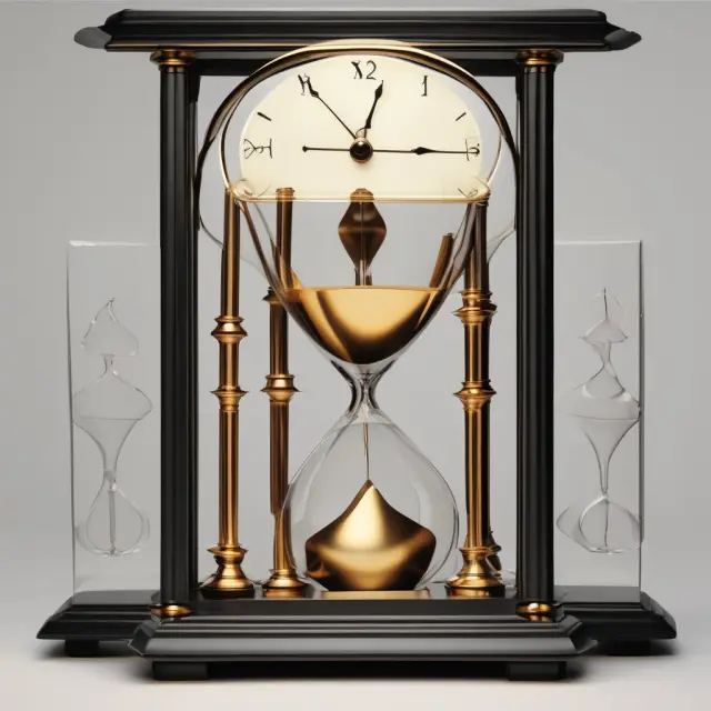 Clock striking midnight with gold banks handling hourglasses, representing the significance of value dates in banking
