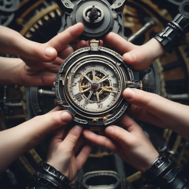 Two interconnected gears representing parties aligning on agreed-upon value dates within a clock mechanism, emphasizing clear communication and technology utilization