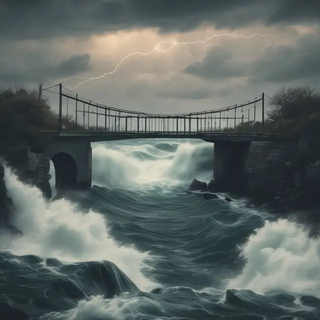 Bridge representing value dates amidst financial transactions; one bank facing turbulent waters signifying risks