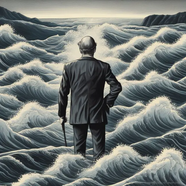 An image of a value investor standing on a rocky shore during stormy waters, using a magnifying glass to examine a seashell while market graphs swirl in the background