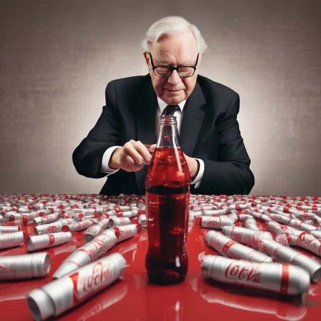 Warren Buffett examining financial statements, surrounded by Coca-Cola bottles depicting key metrics: P/B ratio, P/E ratio, free cash flow, and debt-to-equity ratio