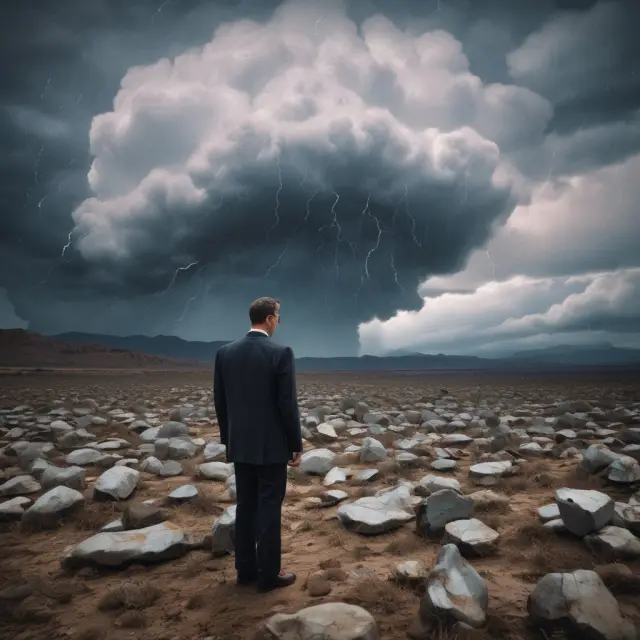 A value investor calmly navigating a turbulent stock market, clinging to undervalued stocks amid economic uncertainty