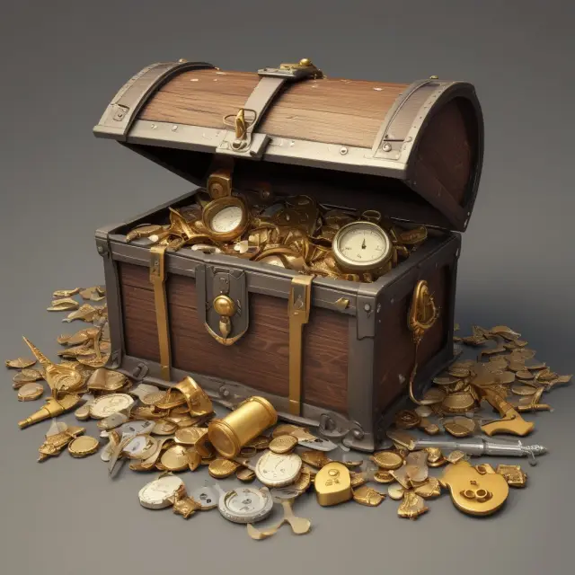 A value investor holding an overflowing treasure chest filled with undervalued stocks, represented by gold nuggets and keys labeled with intrinsic values.